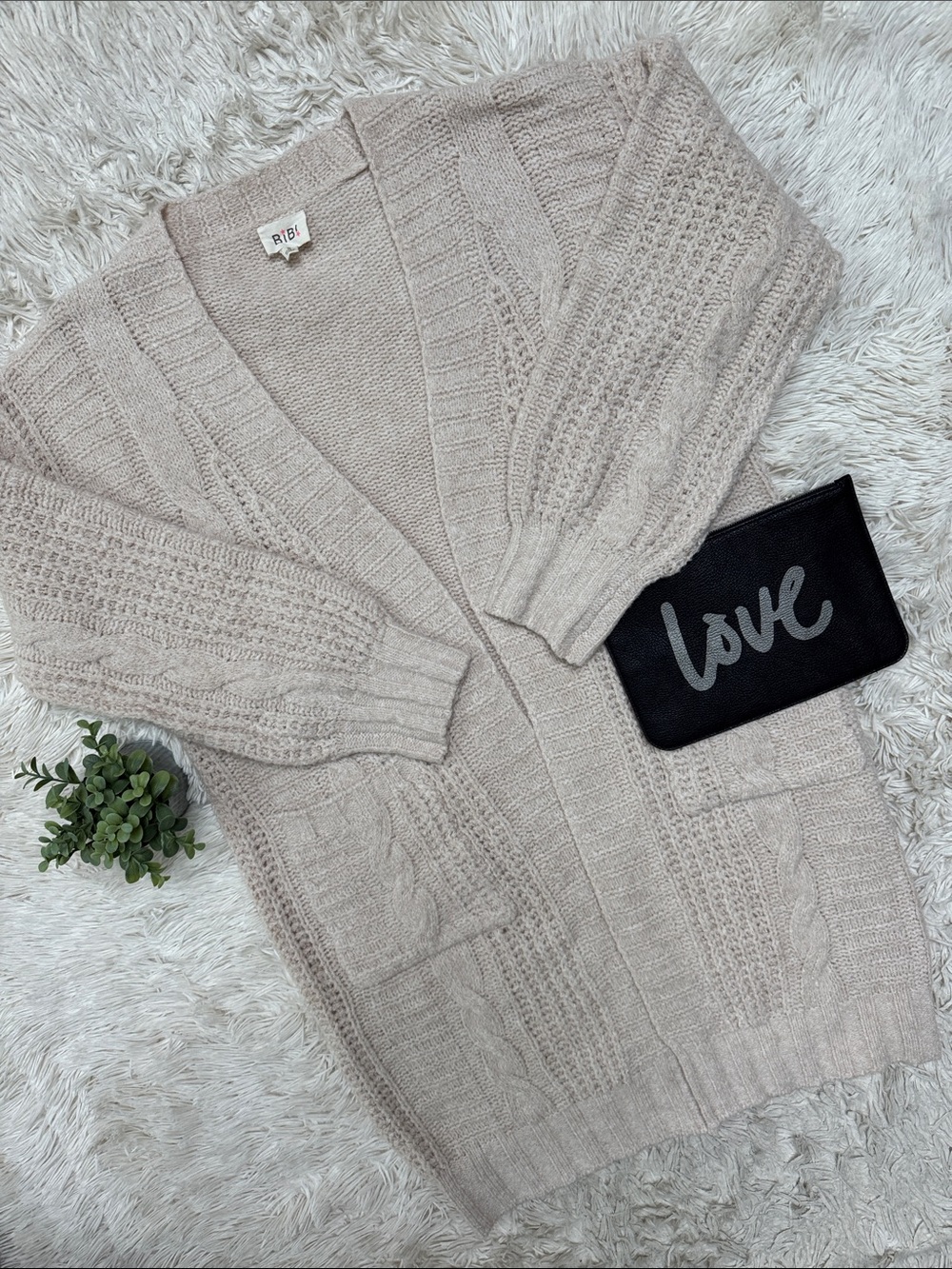 BiBi Open Duster Cardigan Cable Knit Sweater 💗 Oatmeal Cream